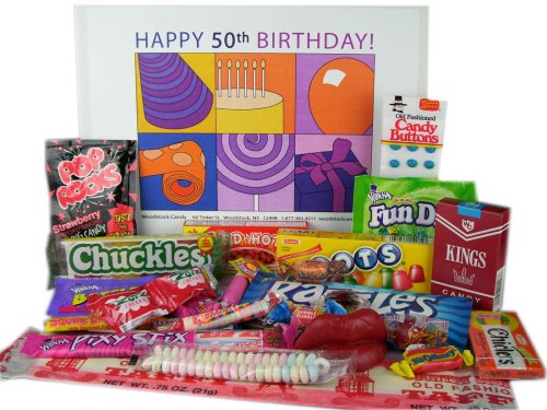 50th Birthday gift basket box of retro candy - jr.