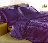 4 Pieces Soft Reversible Satin Solid Purple Duvet Cover , Fitted Sheet, and ....