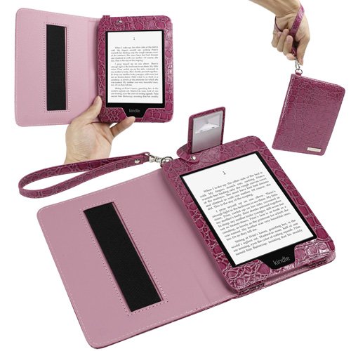 Evecase Kindle Touch Pink Folio Wallet Crocodile Leather Cover Case with Built-in Light and Strap for Amazon Kindle Touch /Touch 3G 6 - Inch Wi-Fi Without Keyboard