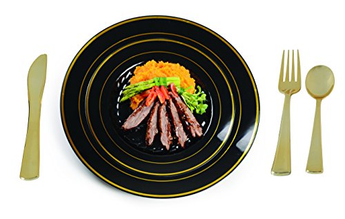 Plastic China Plate Silverware Combo Serving for 24 (129 piece set) BLACK / GOLD