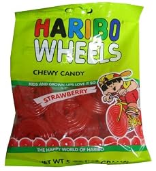 Haribo Gummi Candy, Strawberry Licorice Wheels, 5-ounce Bags (Pack of 12)