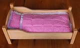 Handmade Wooden Dolls Bed with complete bedding