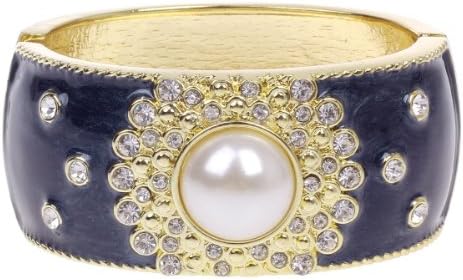 Fashionable Noble Zinc Alloy + Pearl Wide Bracelet w/ Shiny Rhinestone - Black + White + Golden