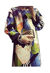 Long Sleeves Cotton General Print Portrait Neck Stretchy  Shirt  Dress