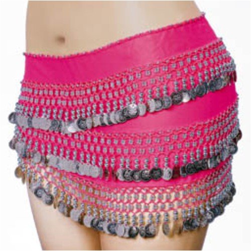 SEXY BELLY DANCER COSTUME HIP SCARF - HOT PINK WITH SILVER COINS