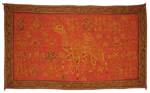 Imagen 2 de Antique Elephant Peacock Camel Bird & Cotton Zari bordado y lentejuelas Tapestry-Wall Hanging Tamaño 54 x 33 pulgadas