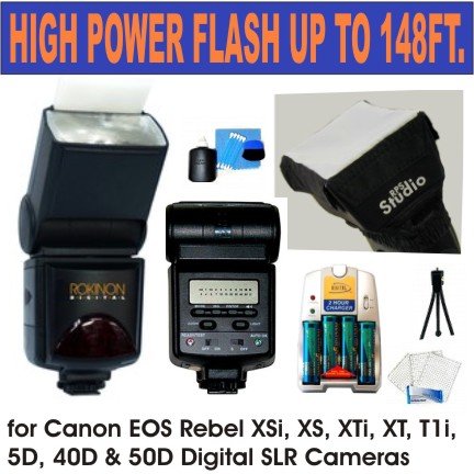 Rokinon D980 Digital TTL Hi-power Zoom Flash w/ LCD Panel, Guide Number 45m/148ft At 85mm Zoom for Canon EOS Rebel Xsi, Xs, Xti, Xt, T1i, 5d, 40d & 50d Digital SLR Cameras, Includes Rechargable Kit + Flash Diffuser