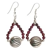 EXP Handmade Red Garnet Dangle Earrings With Etched Silver Beads