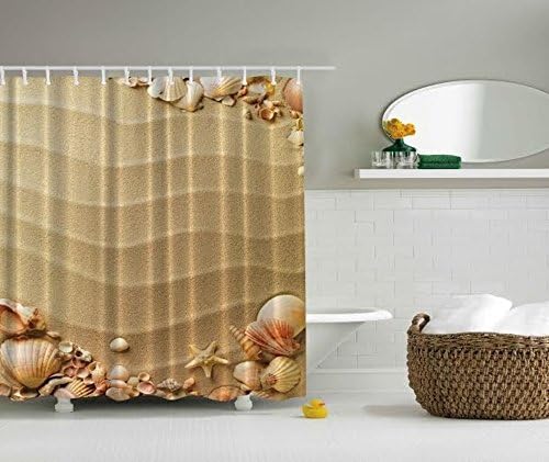 Sand Sea Shells Starfish Beach Digital Graphic Print Shower Curtain Set Non Vinyl Bath Tub Liner Waterproof Fabric Mildew Resistant Material Hooks Included Ocean Marine Theme Motif