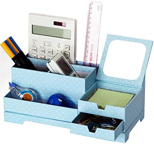 CreativeStorage Mesh Desk Organizer Pen Holder Steel Office Supply Caddy Desk Storage Box with Mirror,Blue