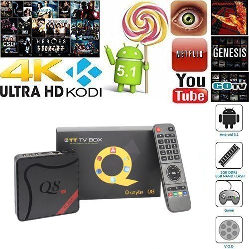 Freegoing Q8 Amlogic S905 Quad Core Android 5.1 Tv Box Fully loaded Add-ons with Kodi Xbmc Cloud TV with 1G RAM 8G ROM KODI Support 2.4G Wifi 4k*2k H.265 3D Blu-ray Video Output Streaming Media Player