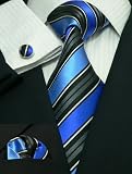 Landisun 69H Black Blue Stripes Mens Silk Tie Set: Tie+Hanky+Cufflinks Exclusive