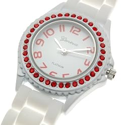 Beautiful Large White Red Crystal Accent Silicone Wrist Watch