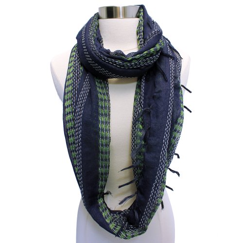 Luxury Divas Navy & Green Basket Weave Gauze Infinity Circle Scarf With Fringe