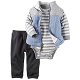 カーターズ ロンパース carter's 男の子用水色グレーベストxサーマルボーダーボディお出かけ用上下3点セット (12months(72-78cm)) [並行輸入品]