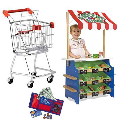 Melissa & Doug Shopping Cart with Deluxe Grocery Store/Lemonade Stand and Learning Resources Cash Cash n' Carry Wallet