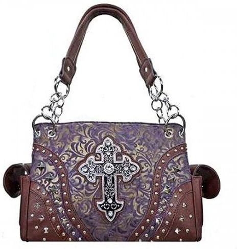 CONCEALED HANDGUN HANDBAG WITH RHINESTONE CROSS G939W22-9390LCR-BRO
