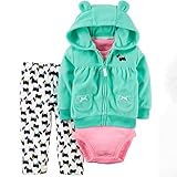 カーターズ（Carter's）女の子用ミントグリーン3D立体耳フード付きワンちゃん刺繍入りフリースジャケットお出かけ用上下3点セット (6months(61-67cm)) [並行輸入品]