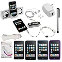 GTMax 4 Soft Rubber Silicone Skin Cover Cases ( Black + Clear + Purple + Blue ) + LCD Screen Protector + USB Car Charger + USB Home Charger + USB Data Cable + 3.5mm Stereo Headset + Mini Speaker + 4 Channels 3.5mm FM Transmitter + Stylus Silver for Apple iPod Touch 8GB 32GB 64GB 3rd 3G Generation NEWEST MODEL