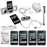 GTMax 4 Soft Rubber Silicone Skin Cover Cases ( Black + Clear + Purple + Blue ) + LCD Screen Protector + USB Car Charger + USB Home Charger + USB Data Cable + 3.5mm Stereo Headset + Mini Speaker + 4 Channels 3.5mm FM Transmitter + Stylus Silver for Apple iPod Touch 8GB 32GB 64GB 3rd 3G Generation NEWEST MODEL