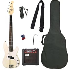 Barcelona Beginner Series Bass Guitar Bundle with 15-Watt Amp, Gig Bag, Strap, and Accessories - White: Musical Instruments