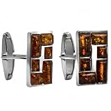 Sterling Silver Honey Amber Rectangular Multi-Stone Mirror Cuff Links