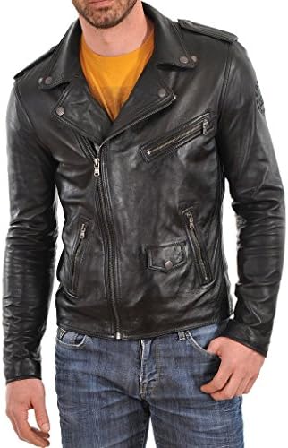 SkinOutfit Men's Stylish Slimfit Lambskin Motorcycle Biker Leather Jacket MJ 35 Black XL