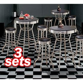 3x 3pc Black Wood Bar Table and Commercial Restaurant Chrome Black Swivel Barstool Set by The Furniture Cove