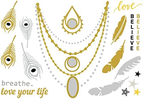 Gold, Silver & Black Temporary Metallic Tattoos, Like Flash Tats - 1 Sheet