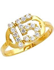 14K Yellow Gold Elegant Sweet 15 Anos Quinceanera Gold Ring With Cubic Zirconia