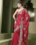 Contemporary Embroidered Party Wear Deep Pink Faux Georgette Indian Belly Dance Dress Wrap Sari Saree with Unstitched Blouse