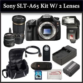 Sony SLT-A65 Digital Camera Kit Includes: Sony SLT-A65 Camera, Tamron Telephoto SP AF 180mm f/3.5 Di LD IF Macro Autofocus Lens, Sony SAL-1855 18-55mm f/3.5-5.6 DT AF Zoom Lens, Bower SFD328 Digital Slave Flash, Extended Life Battery, Rapid Travel Charger, HDMI Cable, 16GB SDHC Memory Card, Memory C