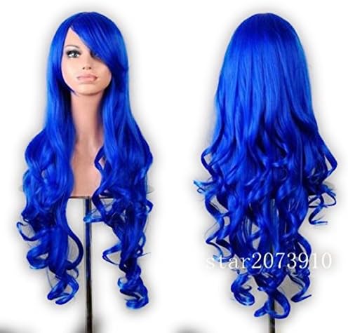 New Multi-color Women's Long Wavy Anime Cosplay Party High Temperature Wire Wigs+free Wig Cap (sapphire)