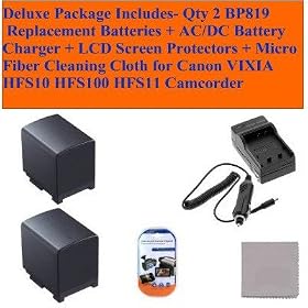 Deluxe Package Includes- Qty 2 Bp819 Replacement Batteries + Ac/dc Battery Charger + LCD Screen Protectors + Micro Fiber Cleaning Cloth for Canon Vixia Hfs10 Hfs100 Hfs11 Camcorder