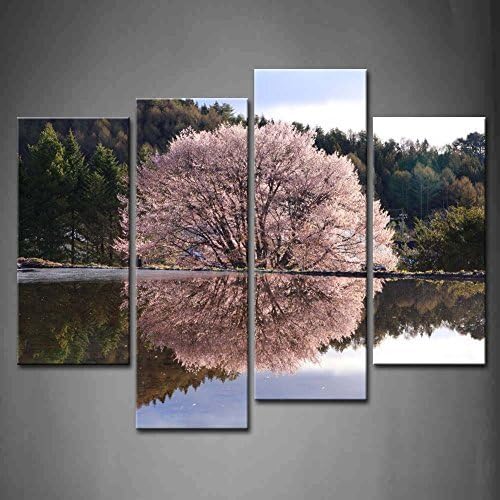 Damenight 4 Panel Wall Art Pink Cherry Tree Reflection In Water Lake Many Trees Painting Pictures Print On Canvas Landscape The Picture For Home Modern Decoration Stretched By Wooden Frame,4pcs/set