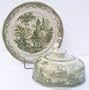 Green Toile Covered Round Butter or Cheese Dish