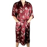 Men's Asian Samurai Dragon Motif Silky Satin Robe - Auburn Red And Cream - Large