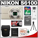 Nikon Coolpix S6100 16.0 MP Digital Camera (Silver) with 8GB Card + Battery ....