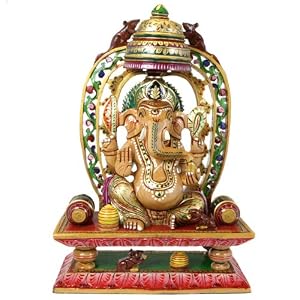 Hand Painted Carved Wood Ganesh Statue