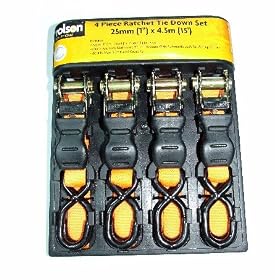 Rolson Tools 44200 4pc 1"x15ft Ratchet Tie Down Set W/Rubberised Handle
