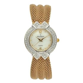 Peugeot Womens Goldtone Bow Shaped Jewelry Inspired Chain Bracelet Watch with a Round Crystal Encrusted Bezel and a Round Mother of Pearl Dial