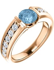 14K Rose Gold 6.00mm Round Cut Sky Blue Topaz and Diamond Ring -- LIFETIME WARRANTY
