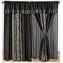 Luxury Black Satin with Jacquard Swirl Window Curtain / Drape Set with Sheer Backing-treatment Draperies