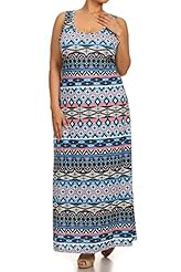Plus Size Sleeveless Tank Polyester/Spandex Scoop Neck Full Length Geometric Print Maxi Dress 