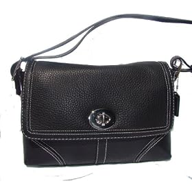 Coach Hamptons Black Pebble Leather Flap Hobo Handbag 13085 $298