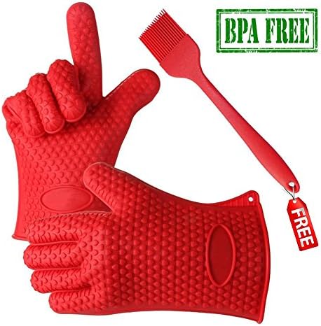 Qliver Heat Resistant Silicone BBQ Grill Gloves Set for Cooking, Baking, Smoking, Grilling, Insulated Waterproof Barbecue Oven Gloves with 1 Silicone BBQ Brush (Red)