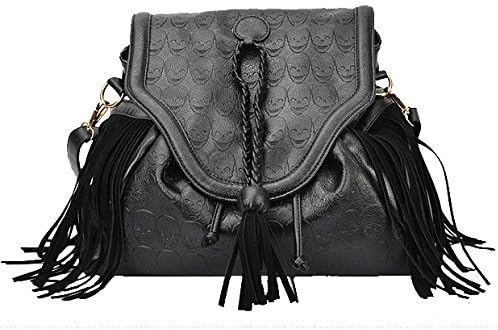 Angellswin black skull tassels colleage girls women backpack