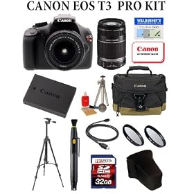Canon EOS Rebel T3 12.2 MP CMOS Digital SLR with 18-55mm IS II Lens Kit + Canon EF-S 55-250mm IS Telephoto Zoom Lens + LEXSpeed 32GB SDHC Class10 Memory Card + Sunpak Heavy Duty Digital Mon-Tripod + Canon LP-E10 Spare Battery + Canon Deluxe Gadget Bag! Willoughby's Est. 1898 Double Lens Amateur Phot
