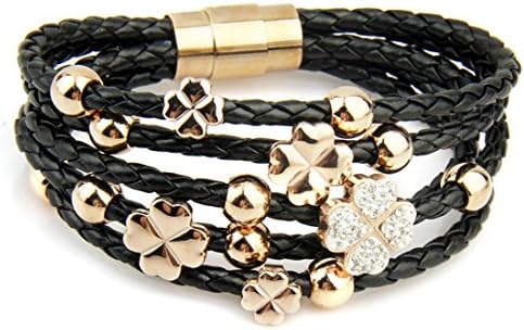BAMOER Christmas Bracelets Big Promotion!! 2014 New Arrival Round 18k Gold Plated Pink Leather Wrap Bracelet for Women Four Leaf Clover Crystal Bangle Charm Jewelry Popular Christmas Gift (Black)