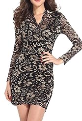 V-neck Checkered Print Spring Winter Wrap Lace Vintage Polyester Cocktail Long Sleeves Bodycon Dress/Party Dress/Mini Dress 